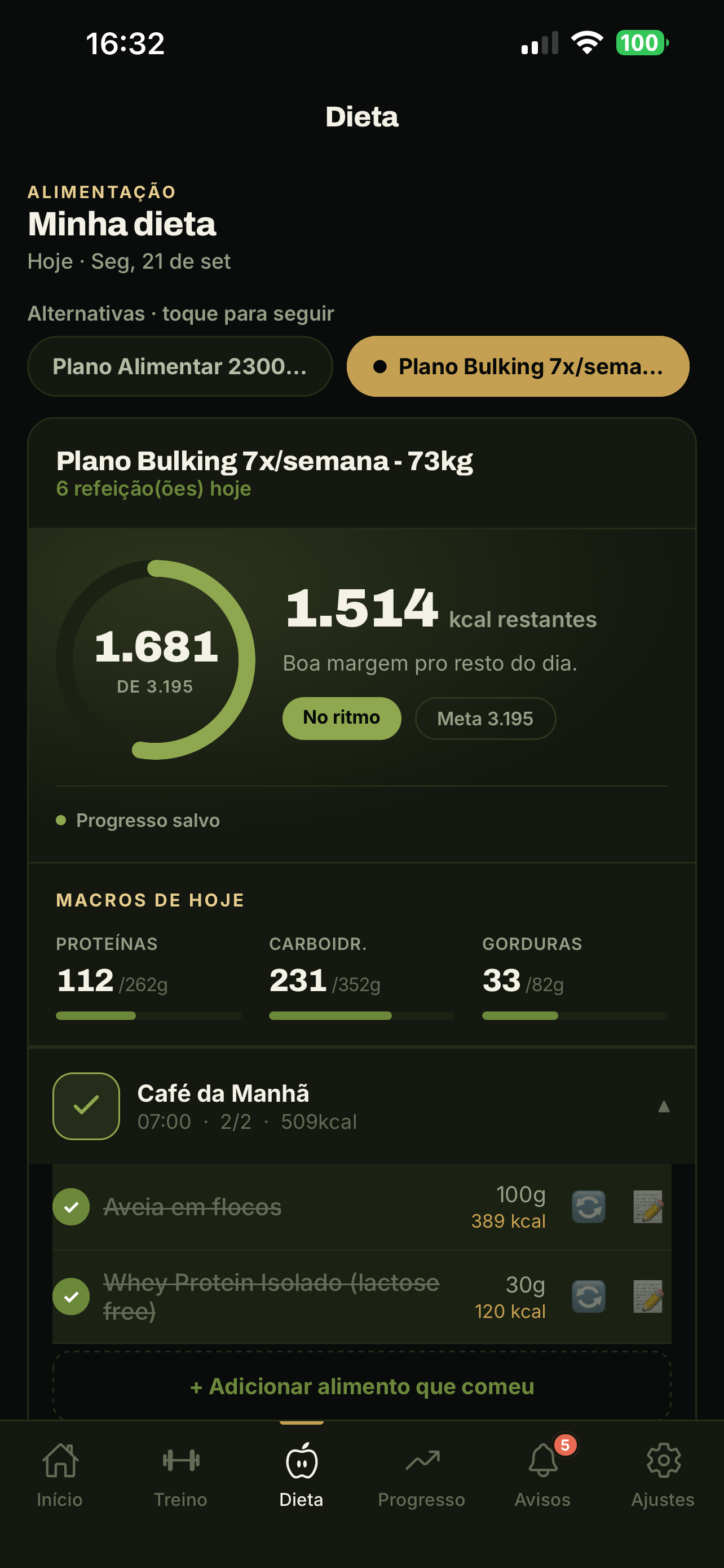 Dieta e macros do dia