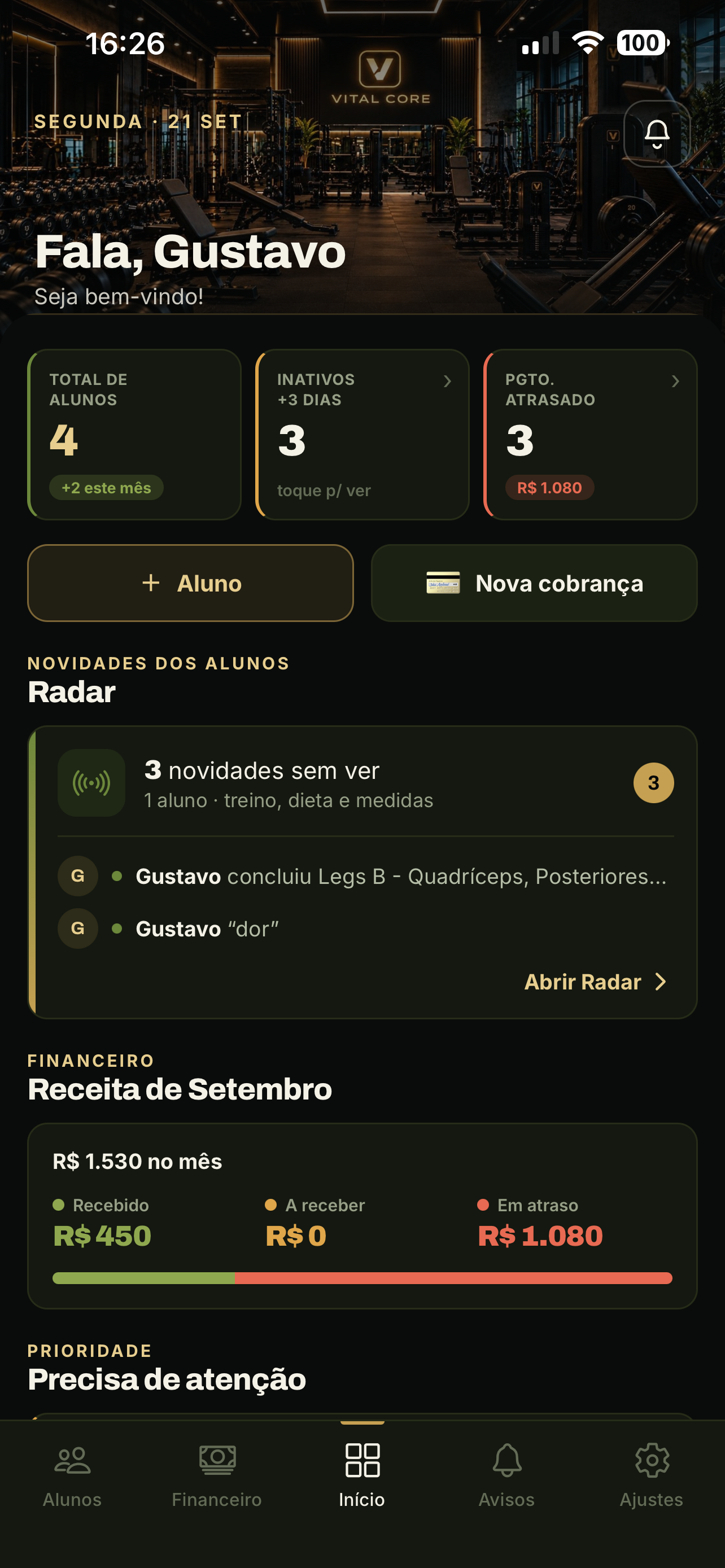 Tela de início do profissional